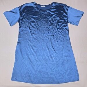 Ekouaer Women Blue Satin Nightshirt Short Sleeve Sleep Dress Chest Pocket Large